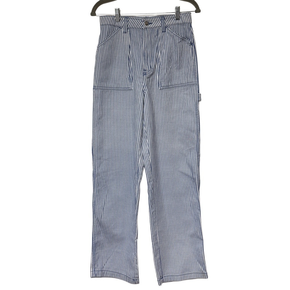 {H&M} Blue White Stripe High Rise Wide Leg Cargo Carpenter Utility Denim Jeans